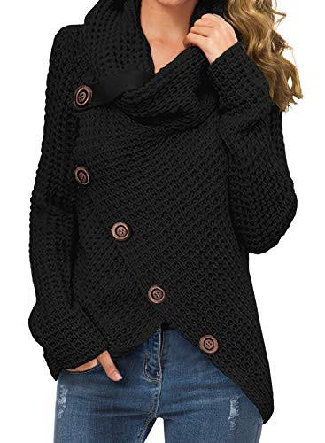 GRECERELLE Womens Casual Turtle Cowl Neck Asymmetric Hem Wrap Pullover Chunky Button Knit Sweater Black-Small