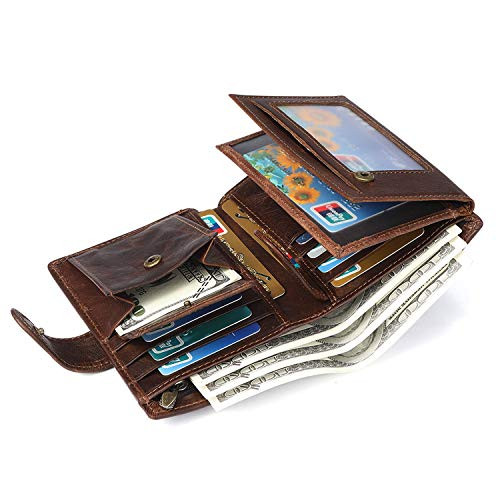 Wallet for Men-RFID Blocking Trifold Genuine Leather Zipper Card Wallet