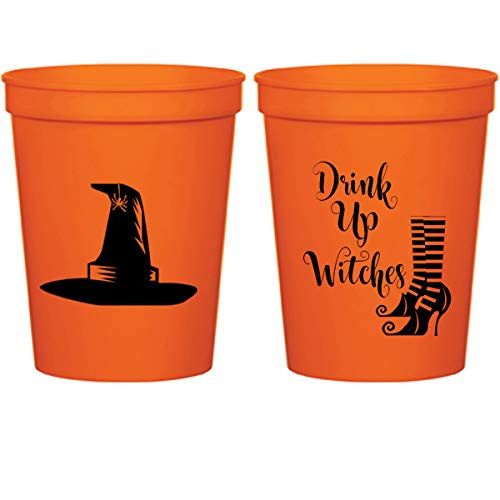 Mandeville Party Company Halloween Orange Plastic Stadium Cups - Drink Up Witches 10 Cups