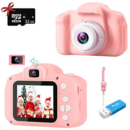 Kids Camera 20MP Digital Camera for Girls Dual Lens HD 1080P Pink Kids Selfie Camera Toddler Camera for Kids Age 3 4 5 6 7 8 9 Years Old Birthday Holiday Toy Gifts Mini Toy Camera with 32GB Card