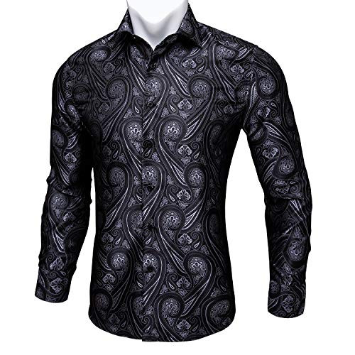 Barry_Wang Men ShirtsPaisley Flower Woven Silk Dress Shirt Long Sleeve FormalLeisure Black Grey