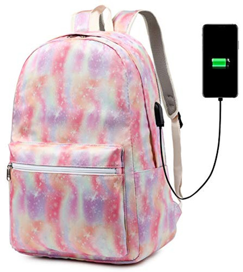 School Backpack Girls Boys Rainbow Tie dye Bookbag College Laptop Backpack with USB Charging Port strar