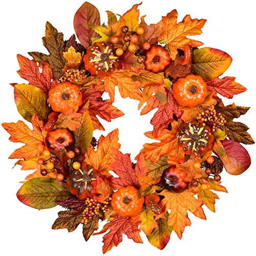 Lvydec Artificial Maple Leaves Fall Wreath - 18 Autumn Wreath with Colorful Maple Leaves Pumpkin Pine Cone and Berries Harvest Wreath for Front Door Table Wall and Thanksgiving Decoration