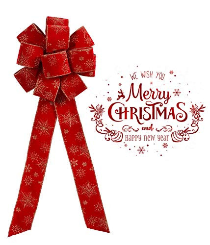 ROMeO ET JULIETTE 3-Pack Red Velvet Golden Snowflakes Ribbon Christmas Bows Handmade26x 10_ Gold Wired Edge Large Ribbon Bows_ 3D Design and 2_5 inch Thick Ribbon_