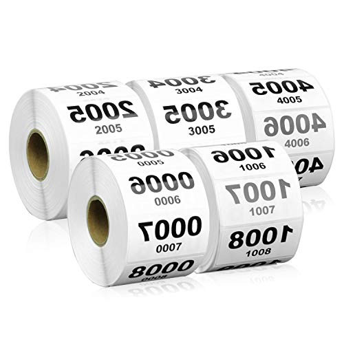 5000 Labels - Reverse Number Stickers 0001-5000 Consecutive Numbers Labels for Inventory 2 x 1 inch  5 RollsWhite