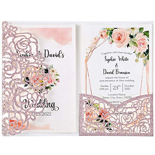 DreamBuilt 4_7 x7 inch 25PCS Blank Rose Gold Glitter Wedding Invitations Kit Laser Cut Hollow Rose Pocket Wedding Invitation Cards with Envelopes for Wedding Bridal Shower Engagement Invite