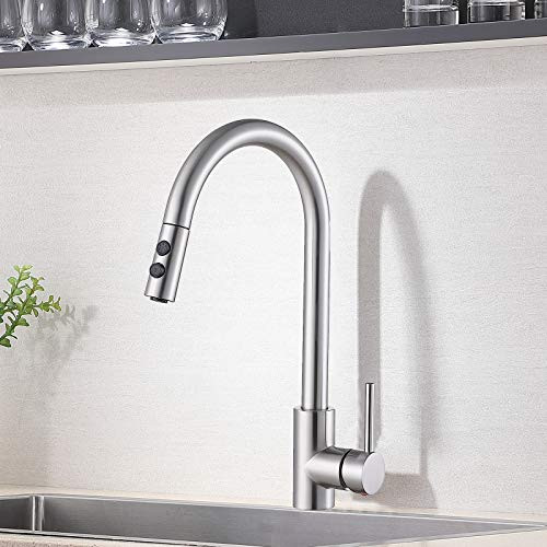CASILVON Brushed Nickel Kitchen Faucet Pull Out Kitchen Sink Faucet High Arc Single Handle Pull Down Sprayer Stainless Steel Faucets for Kitchen Sinks with Two 38 Hoses