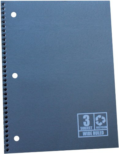 Norcom 3-Subject Recycled Notebook 10.5 x 8 Inches, 135 Sheets, Wide Ruled, Assorted Colors, Color May Vary (77853-12)