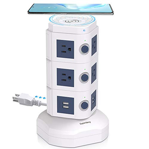 SUPERDANNY Surge Protector Tower with 10W Wireless Charger Spin Power Strip Tower 13A Charging Station with 10AC Outlets4 USB Slots and 6_5ft Extension Cord for Home Office Garage WhiteSteel Blue