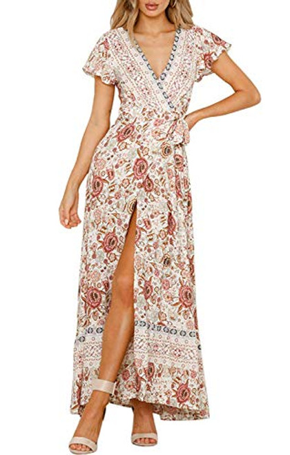 ZESICA Womens Bohemian Floral Printed Wrap V Neck Short Sleeve Split Beach Party Maxi Dress Ivory