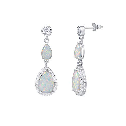 FANCIME Christmas Gift Created Opal Dangle Earrings Sterling Silver 2 Stones White Fire Opal Halo Cubic Zirconia Water drop Pear shape Teardrop Hook Earrings October Birthstone Jewelry for Women Girls