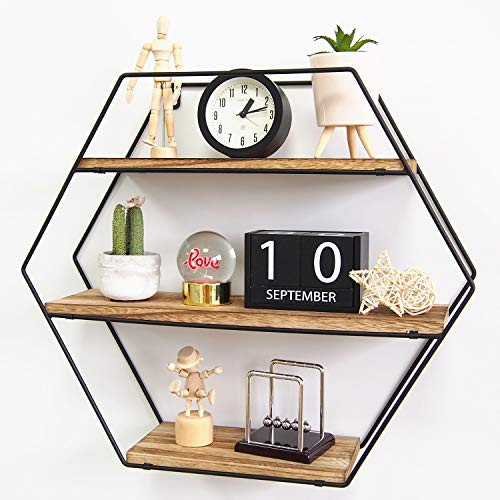 TFer Hexagon Floating Shelves Wall Mounted Shelves Solid Wood Metal Bracket Rustic Wall Shelf for Living Room Bedroom Bathroom Kitchen Office Hanging Shelf