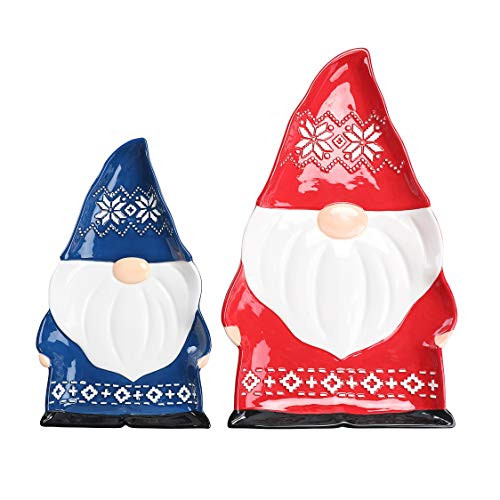 Bico Red   Blue Christmas Gnome Serving Platters Set Handpainted Dishwasher Safe