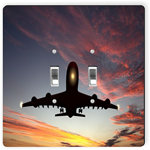 Rikki Knight 9080 Double Toggle Large Passenger Airplane in Sunset Design Light Switch Plate