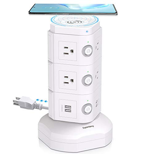 SUPERDANNY Surge Protector Tower with 10W Wireless Charger Spin Power Strip Tower 13A Vertical Charging Station with 10 AC Outlets4 USB Slots and 6_5ft Extension Cord for Home Office Garage White