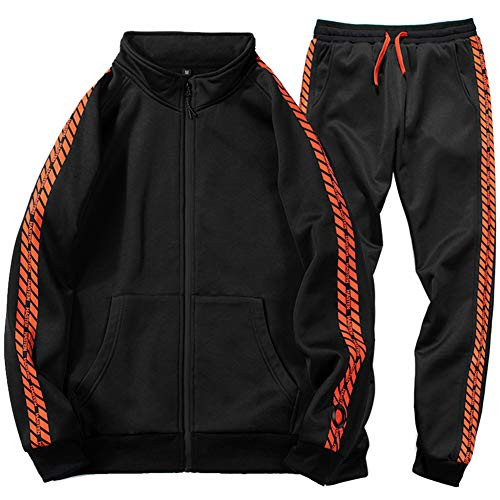 DUOFIER Men 2 Piece Jacket   Pants Slim Fit Jogging Track Suit Sports Suits Black-XL