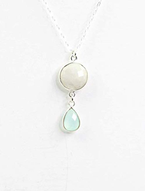 Sea Green Chalcedony and White Moonstone Gemstone Necklace June Birthstone Sterling Silver 18 Inch
