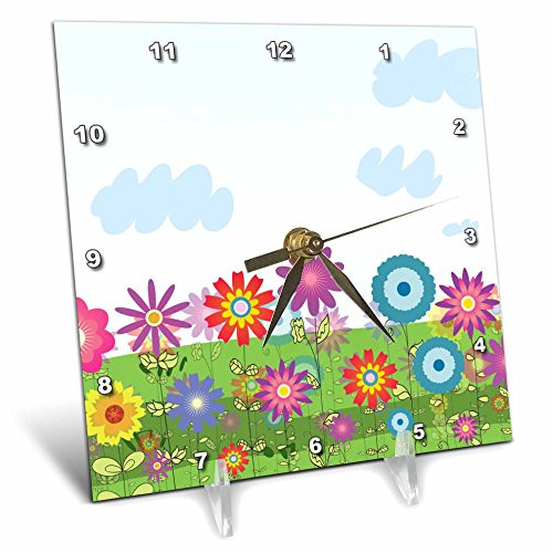 3dRose dc-106869-1 Funky Modern Tree Branch with Hanging Colorful Flowers-Desk Clock 6 by 6-Inch