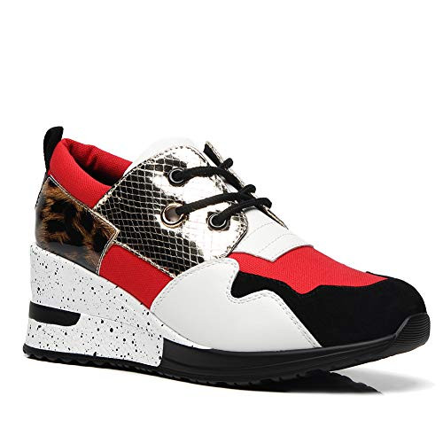 High Heeled Leopard Wedge Sneakers for Women Platform Casual Fashion Sneakers Red Hidden Wedge Tennis Shoes for Women