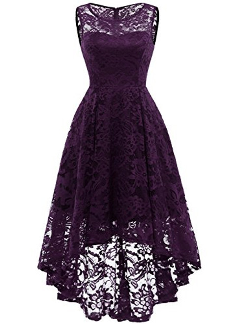 MUADRESS 6006 Womens Vintage Floral Lace Sleeveless Hi-Lo Cocktail Formal Swing Dress Grape M