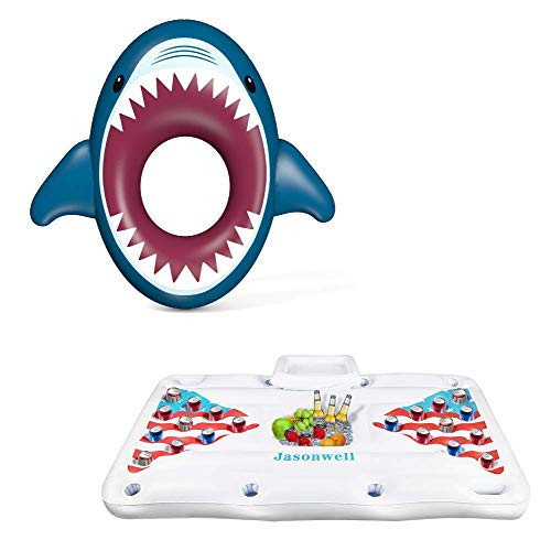 Jasonwell Inflatable Shark Pool Float Shark Floaties and Jasonwell Beer Pong Pool Float