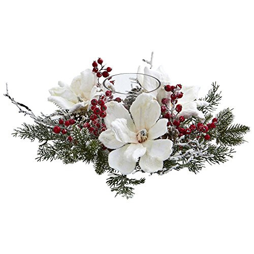 Nearly Natural Magnolia   Berry Artificial Arrangement Frosted Magnolia and Berry Candelabrum WhiteGreen