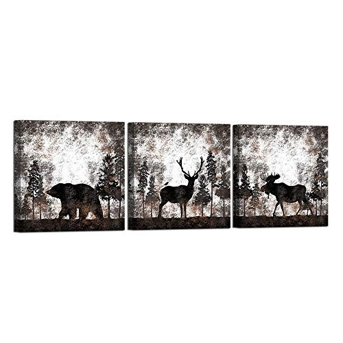 HOMEOART Elk Picture Wall Decor Bear Elk Moose Animal In Forest Landscape Painting Framed Canvas Artwork Ready To Hang 12x12x3 Panels