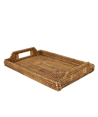 Rattan Wicker Rectangular Serving Trays with Handles Handwoven Coffee Trays for Coffee Breakfast Bread Food Dish and Decorative Platter Trays for Dining Table Large 17x11_4