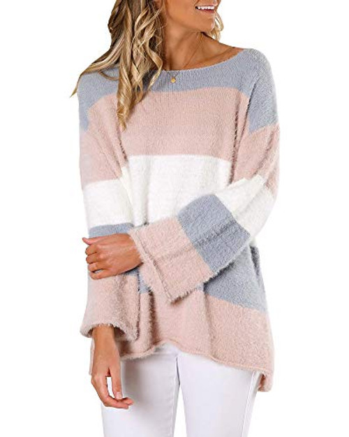 Tutorutor Womens Color Block Fluffy Sweaters Oversized Striped Long Sleeve Crew Neck Loose Chunky Knit Jumper Pullover Pink