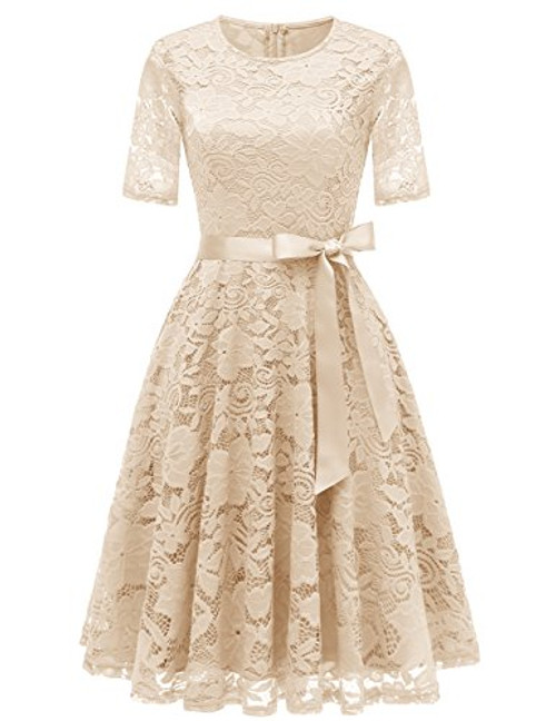 DRESSTELLS Women Floral Lace Dress Casual Swing A-Line Dresses Cocktail Prom Tea Party Bridesmaid Dress FallWinter Champagne M DRESSTELLS Women Floral Lace Dress Casual Swing A-Line Dresses Cocktail Prom Tea Party Bridesmaid Dress FallWinter Champagne M