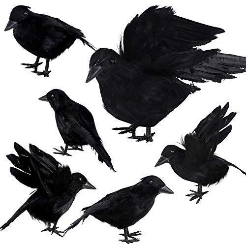 Aneco 6 Pack Realistic Feathered Crows Halloween Fake Crow Black Crows Artificial Crow Halloween Handmade Feathered Crow for Halloween Indoor Outdoors Ravens Birds Decoration