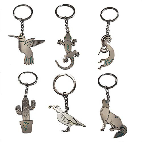 6-Pack Arizona Souvenir Gift Keychain Collection Silver - 6 Assorted Sonoran Desert Inspired Designs - Southwest Gift Idea - Metal Keychain Bundle - Native American Design - Turquoise finish