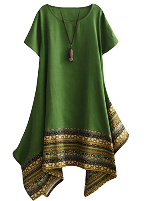 Minibee Womens Ethnic Cotton Linen Short Sleeves Irregular Tunic Dress L Green