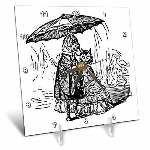 3dRose dc-46600-1 Black N White Vintage Dog N Cat Under Umbrella Desk Clock 6 by 6-Inch