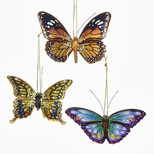 Kurt Adler Glittered Butterfly Ornament - 3 Assorted Yellow Orange and Purple