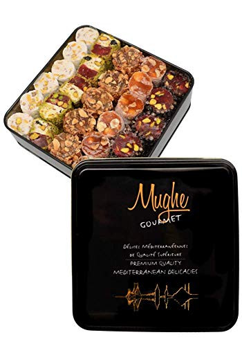 Luxury Turkish Delight Assortment Pistachio Gift Tin Box 2_2lb_52-54 pc_ Traditional Assorted Lokum Sultan Orange Hazelnut Almond Delights Sweet Mix Gifts by Mughe Gourmet