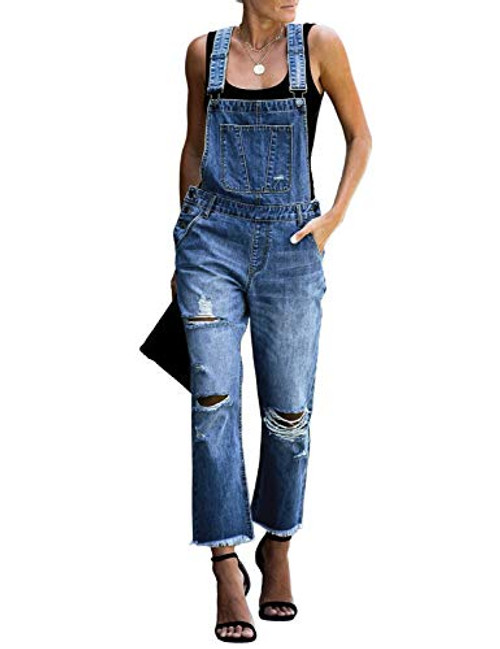 luvamia Womens Casual Distressed Adjustable Denim Bib Overalls Jeans Pants Jumpsuits Denim Blue Size Medium