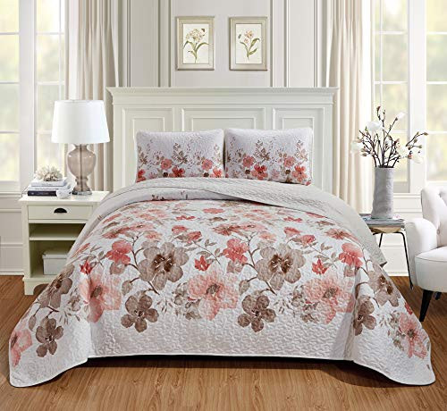 Luxury Home Collection 2 Piece TwinTwin XL Quilted Reversible Coverlet Bedspread Set Floral Printed Coral Taupe White