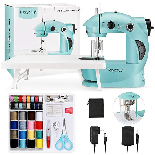 Magicfly Mini Sewing Machine with Extension Table Dual Speed Portable Sewing Machine for Beginner with Light Sewing Kit for Kids Household Blue