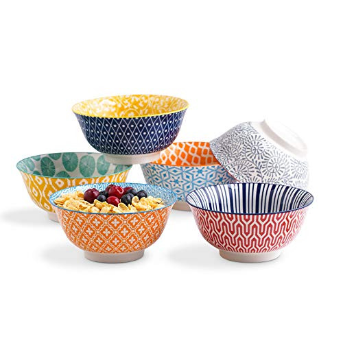 Selamica 7 inches Porcelain Bowls Set - Set of 6 ceramic bowls for Cereal Soup Salad and Pasta Assorted Colors