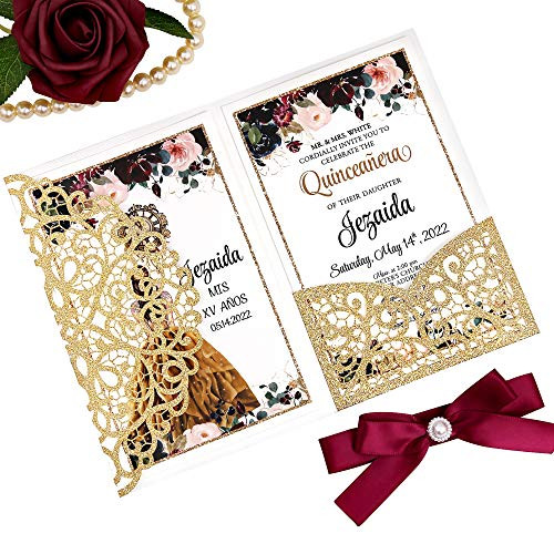 Doris Home 4_7 x7 inch 25PCS Blank Glitter Gold Quinceanera Invitations Kit Laser Cut Hollow Rose Pocket Quinceanera Invitation Cards with Envelopes for Quincenera Birthday quinceanera Invite