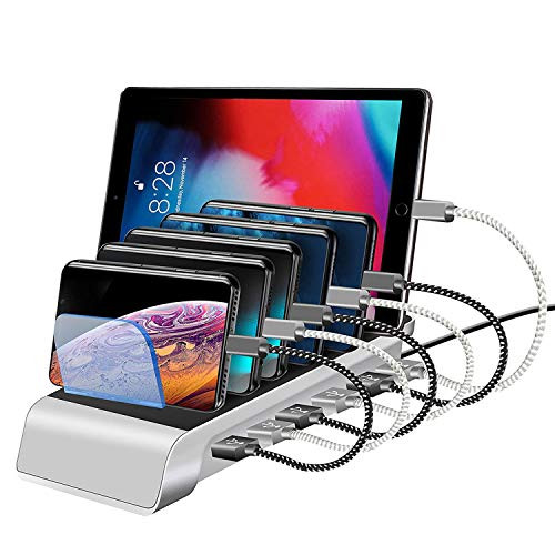 USB Charging Station Dock 6-Port Fast Charge Docking Station for Multiple Devices Multi Device Charger Organizer Compatible with Apple iPad iPhone and Android Cell Phone Samsung Galaxy and Tablets