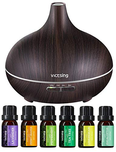 PUURVSAS 500ml Diffuser   Essential Oil Set Essential Oil Diffuser with 6 Essential Oils Aromatherapy Diffuser Humidifier with 4 Timer   Auto Shut-Off for Bedroom Kitchen-Dark Brown