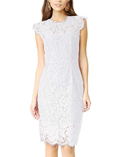 Womens Sleeveless Lace Floral Elegant Cocktail Dress Crew Neck Knee Length for Party Small White
