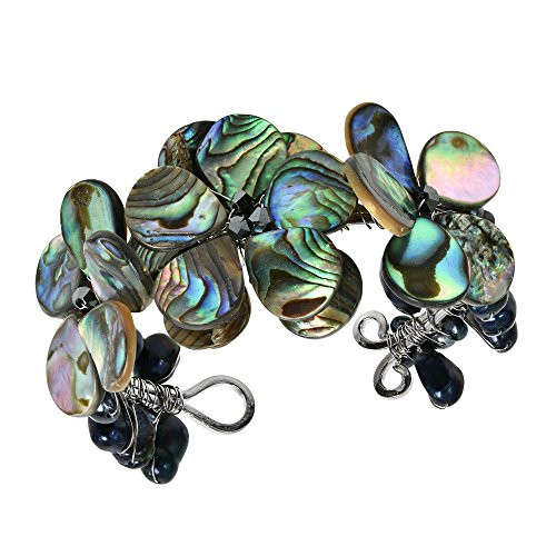 AeraVida Abalone Shell Cultured Freshwater Black Pearl Cluster Flower Cuff Bracelet AeraVida Abalone Shell Cultured Freshwater Black Pearl Cluster Flower Cuff Bracelet