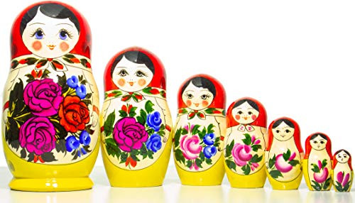 Russian Nesting Doll - Semenovo - Hand Painted in Russia - Traditional Matryoshka Babushka 9_57 Dolls in 1 Red-Yellow