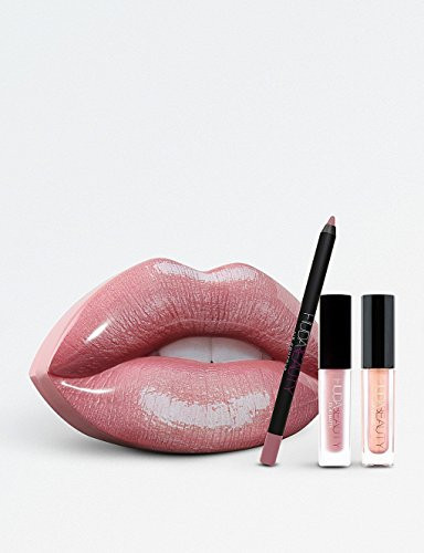 HUDA BEAUTY Contour   Strobe Lip Set - COLOR Muse muted rose  Angelic light peach rose with gold reflections