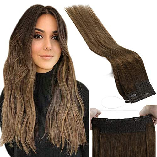JoYoung Halo Hair Extensions Balayage Dark Brown To Golden Brown with Dark Ash Blonde Human Hair Halo Extensions Brown 12inch 80gram