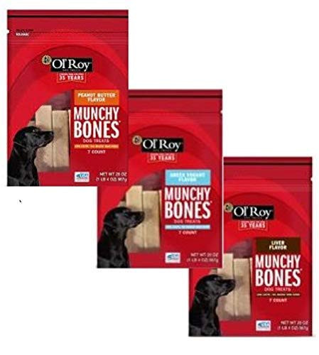 Mondoro Group Long Lasting Dog Treat Bone Chews Peanut Butter Greek Yogurt and Liver Flavors 21 Bully Sticks Total Ol Roy Munchy Bones Bundle Bulk Variety Pack for Medium Large Dogs Puppies