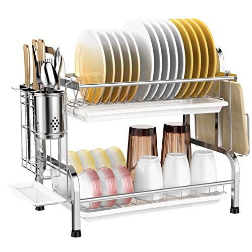 Dish Drying Rack Veckle 2 Tier Dish Rack Stainless Steel Utensil Holder Cutting Board Holder Dish Drainer with Removable Drain Board for Kitchen Countertop Silver